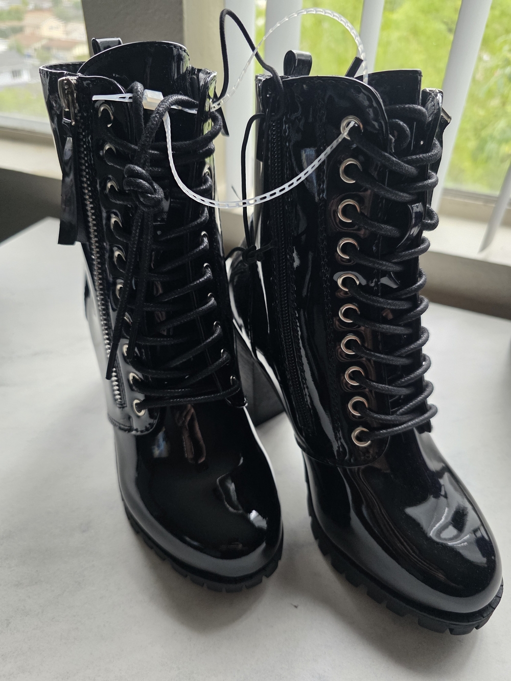 Patent Lace-Up Heeled Combat Boots - Black